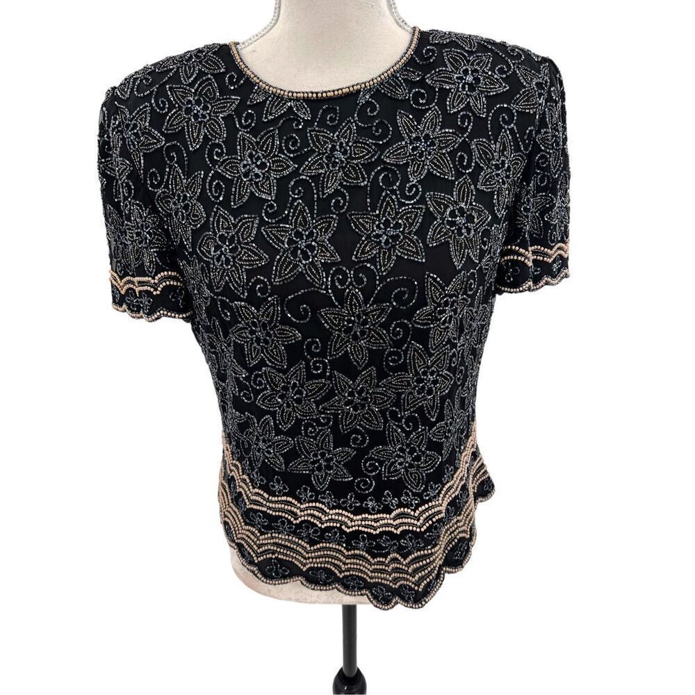 Pappell boutique 100% silk beaded Evening blouse size medium.